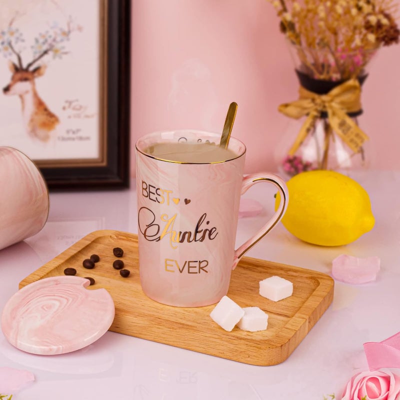 Doublewhale Aunt Gifts from Niece, Nephew - Best Aunt Ever Gift Mug - Happy Christmas Birthday Mothers Day Gifts for Auntie - Marble Ceramic Auntie Coffee Mug Gifts Box Printed Gold 14 Oz Pink - Image 4